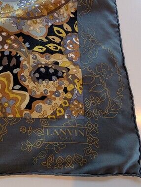 Lanvin Paris Silk Square Scarf Vintage Grey Gold Ochre